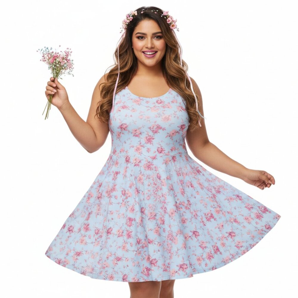 Light Blue Pink Floral Cottagecore Dress